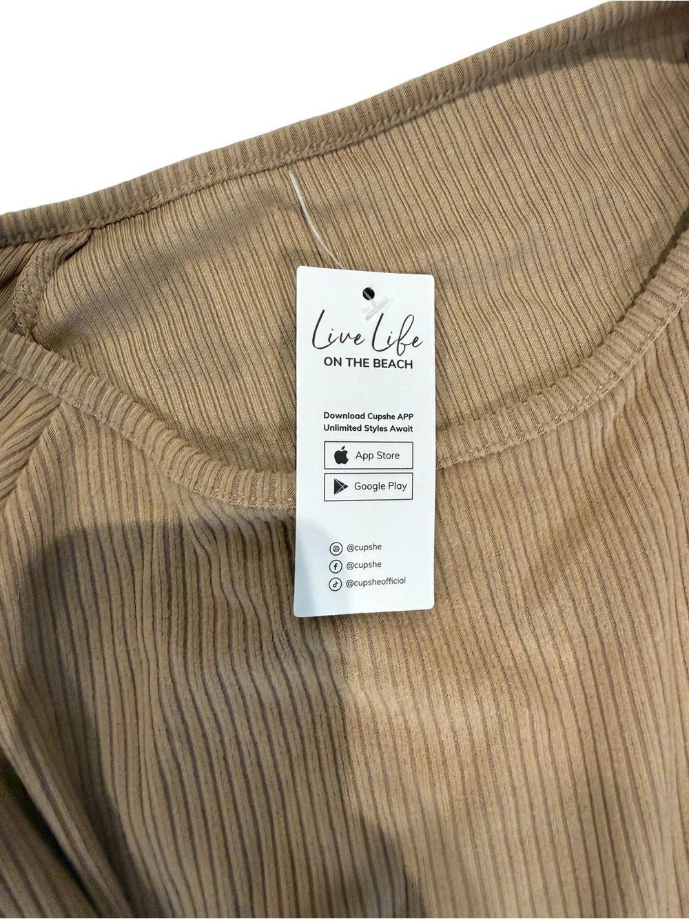 Cupshe Ribbed Tie-Waist Long Sleeve Mini Dress in Tan - Picture 4 of 10